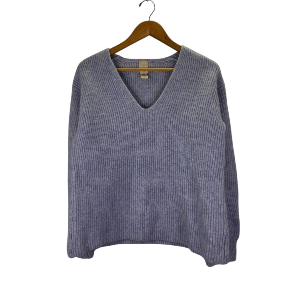 H&M 100% Wool Laine Preppy Tight Knit Heathered Blue V-Neck Womens Sweater Small